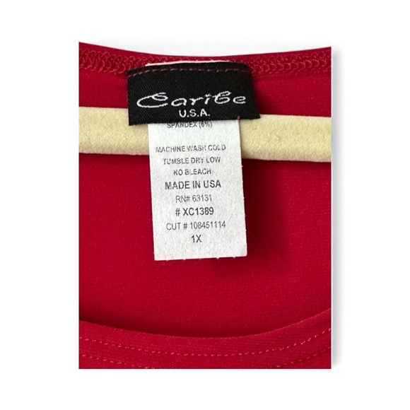 CARIBE Red 3/4 Sleeve V Neck TUNIC TOP 1XL Pullover Asymmetrical Hem Stretch NEW - Picture 6 of 8